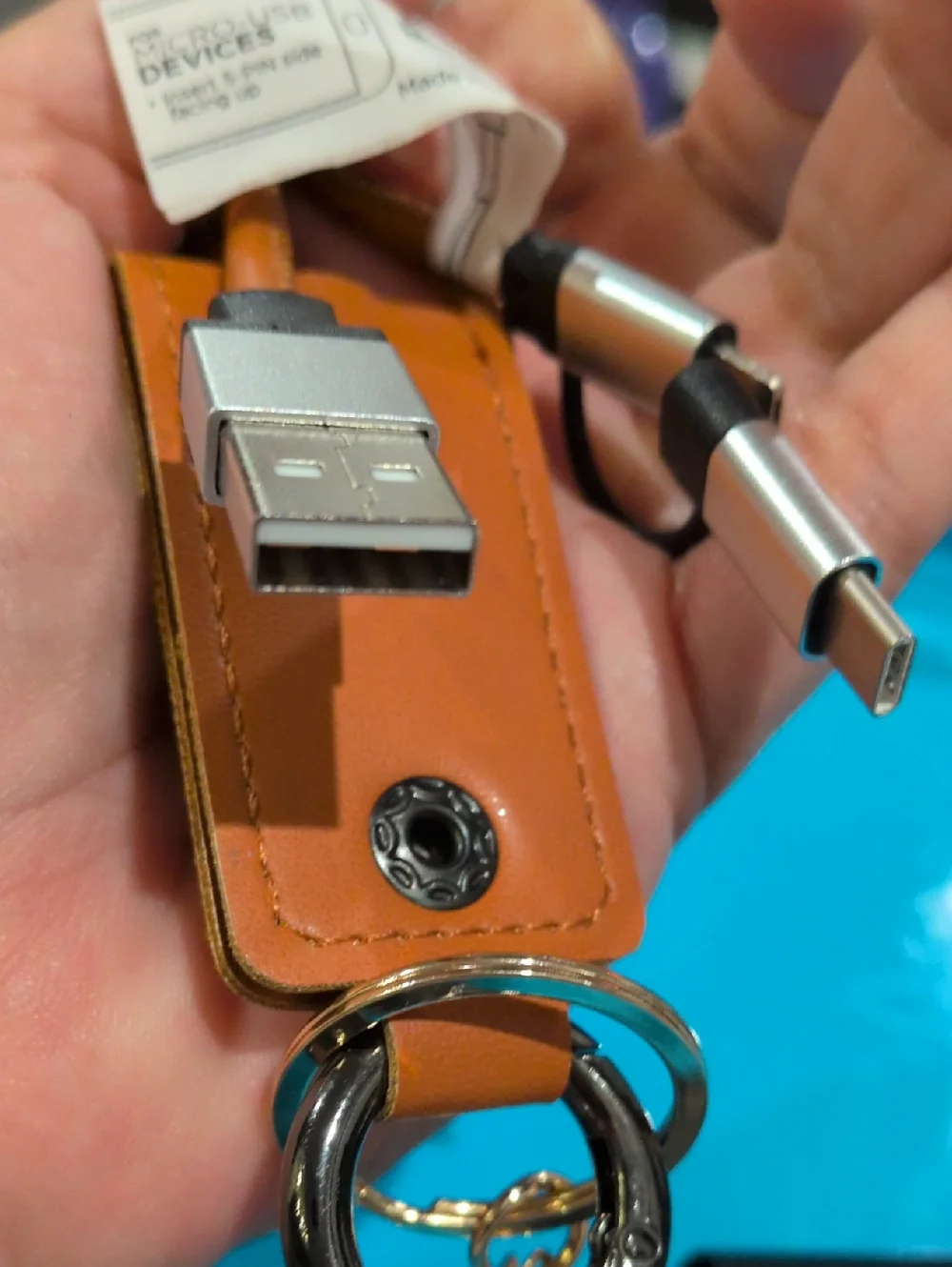 Brown Leather Keychain USB Charging Cable with Key Ring